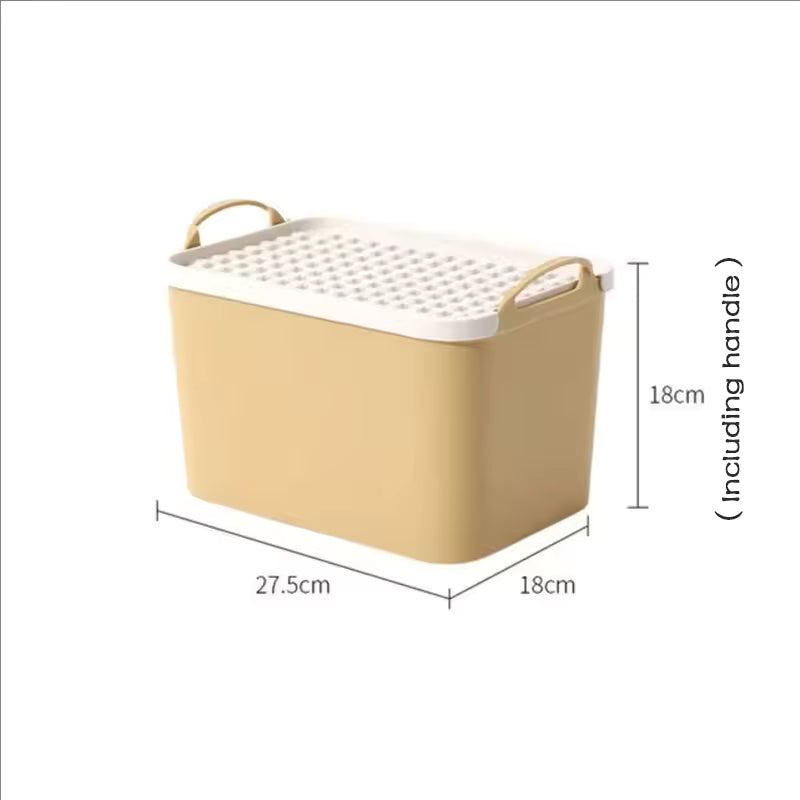 Cream and yellow Small storage box with building-style lid; 27.5 × 18 × 18 cm including handle