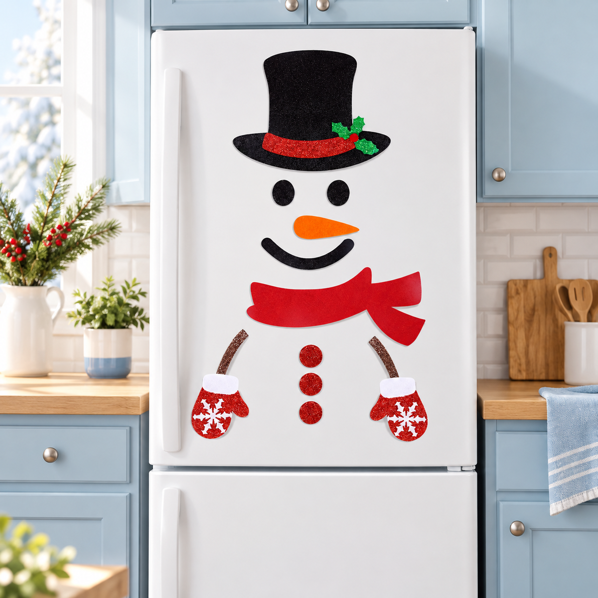 AI-generated styling illustration of felt snowman decorations on a white refrigerator; illustrative scene, furnishings excluded.