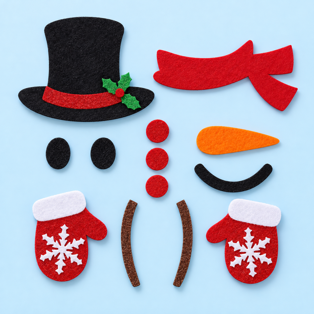 AI-generated illustration of Color A felt snowman decoration pieces; reference illustration, not a photograph of delivered contents.