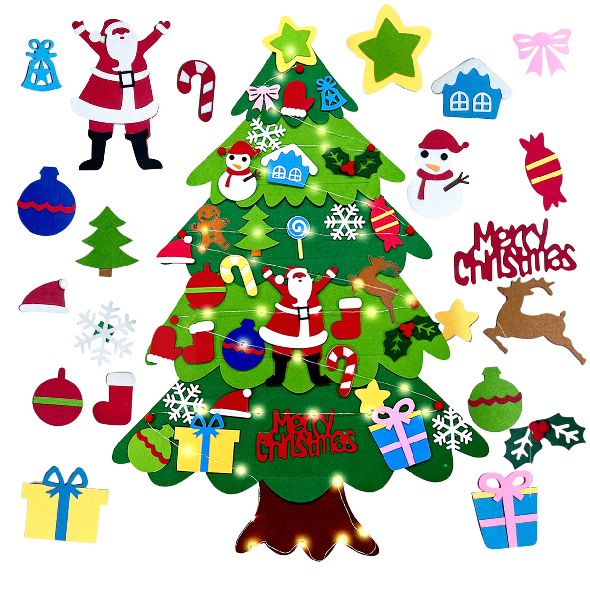 Supplier image of green felt Christmas tree, brown trunk, colorful ornaments and string lights