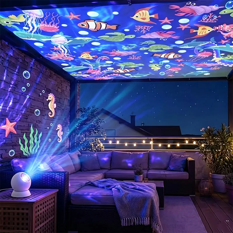 Supplier illustration of colorful ocean shapes across walls and ceiling; brightness and room coverage are illustrative