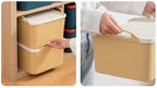 Supplier close-ups of yellow storage boxes with white building-style lids and handles; size variants shown