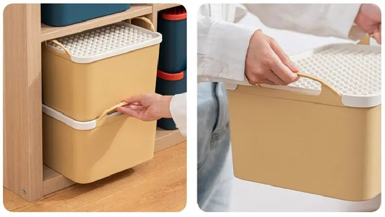 Supplier close-ups of yellow storage boxes with white building-style lids and handles; size variants shown